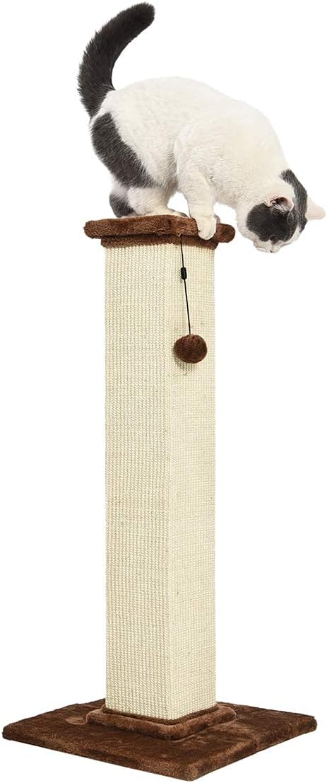 Basics Sturdy Cat Scratching Post for Indoor Cats & Kittens, Classic Single Post with Sisal Rope, Jute Fiber, Wood Base, Large (35.4"H), Brown