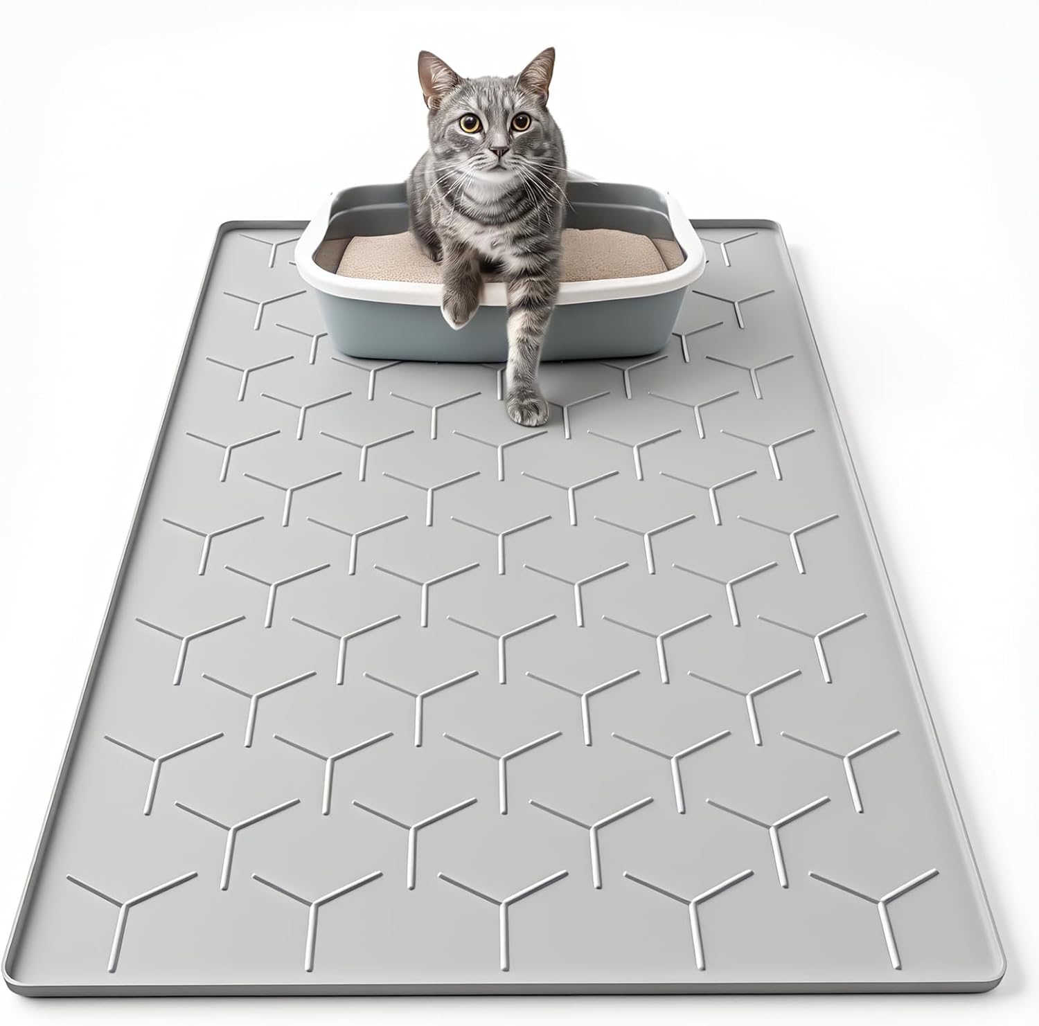 Cat Mat for Litter Box, Large 34" X 22" Cat Litter Mat, Waterproof Silicone Pad for Floor, Gray