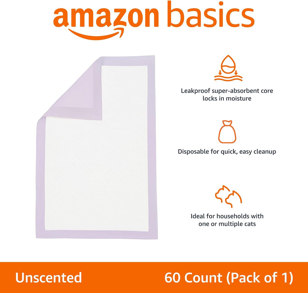 Basics Cat Litters Pee Pads, 40 Count, Universal Fit for Litter Box, Odor Control with Fresh Scent, Purple and White