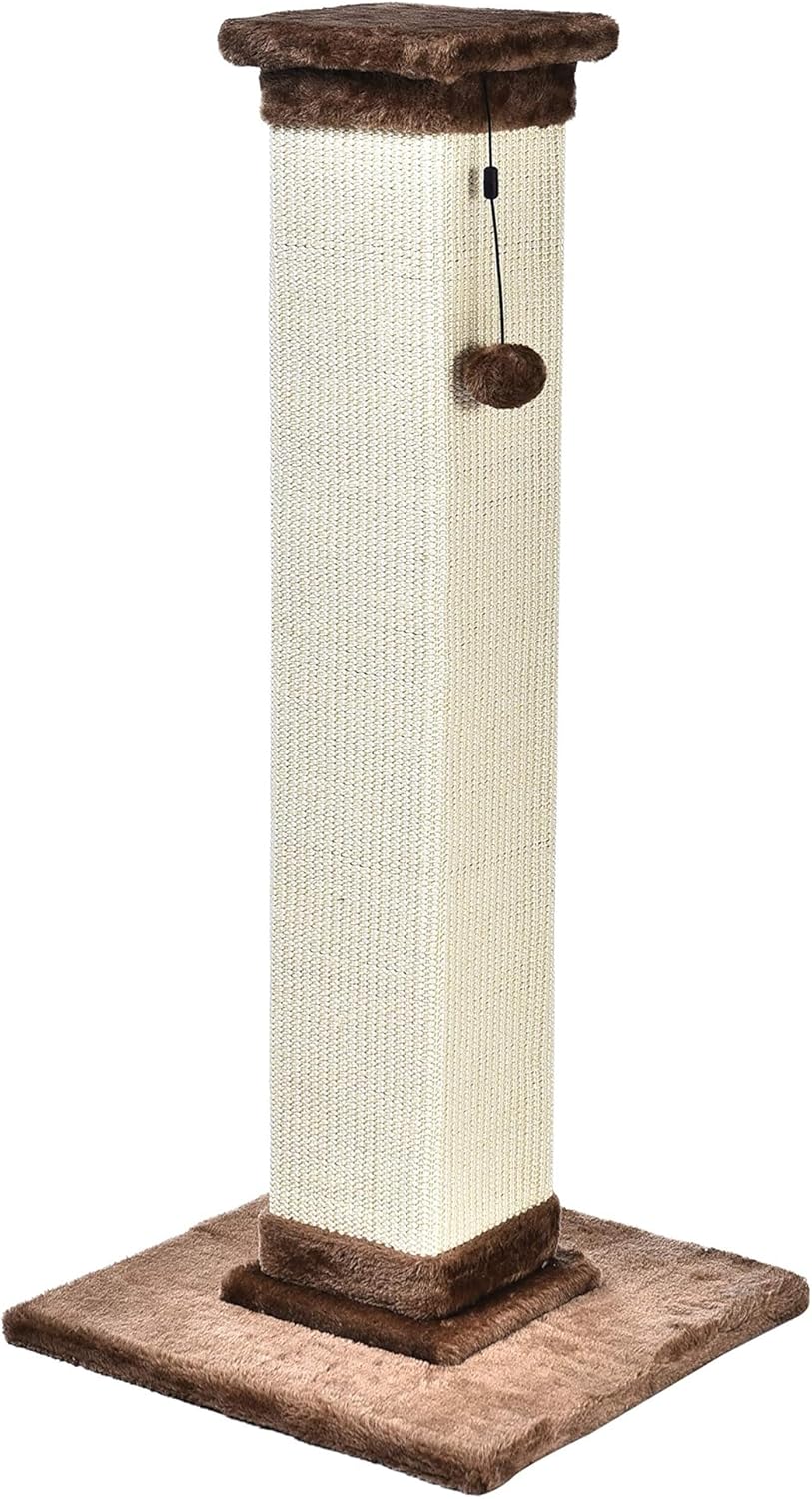 Basics Sturdy Cat Scratching Post for Indoor Cats & Kittens, Classic Single Post with Sisal Rope, Jute Fiber, Wood Base, Large (35.4"H), Brown