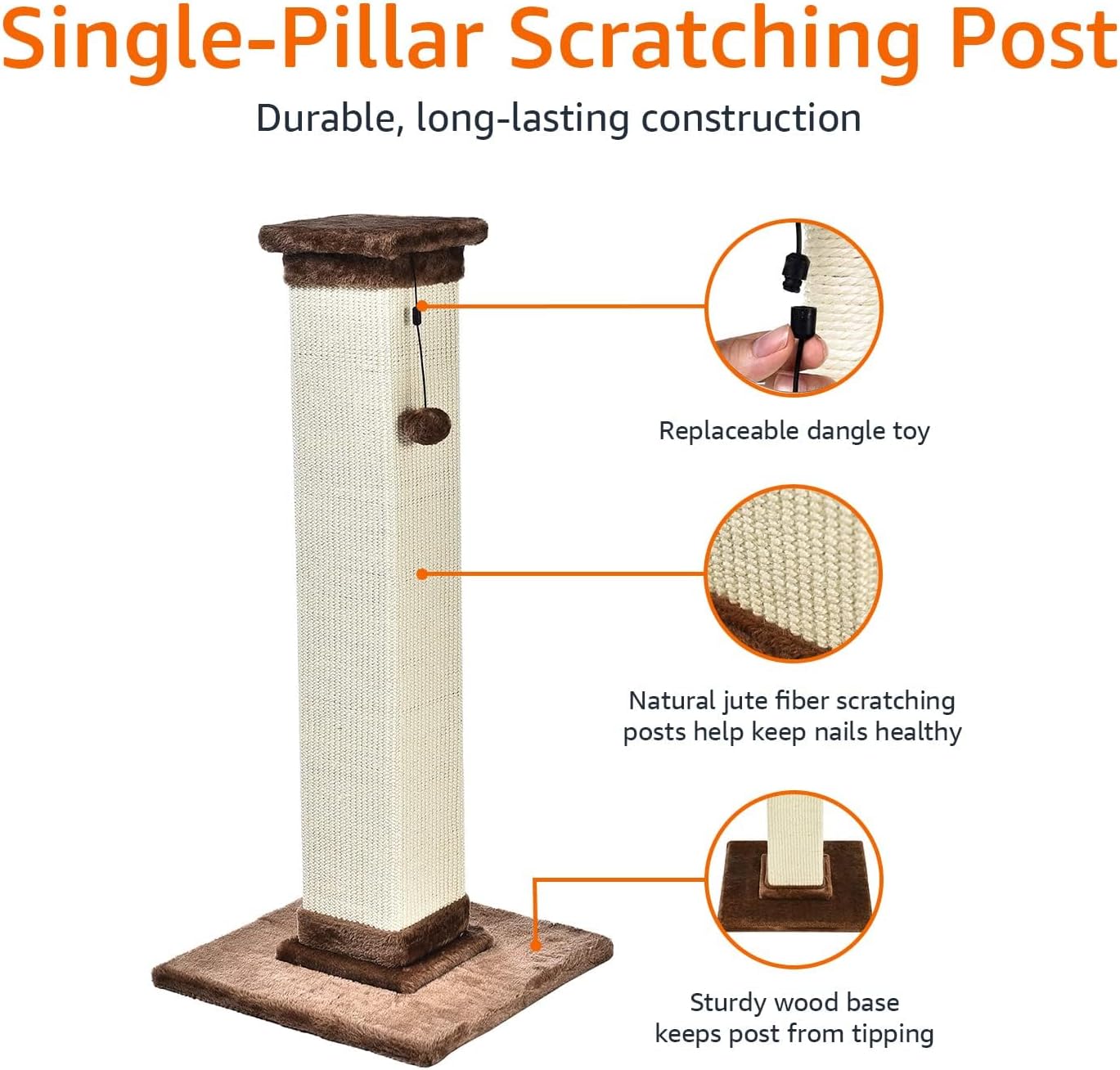 Basics Sturdy Cat Scratching Post for Indoor Cats & Kittens, Classic Single Post with Sisal Rope, Jute Fiber, Wood Base, Large (35.4"H), Brown