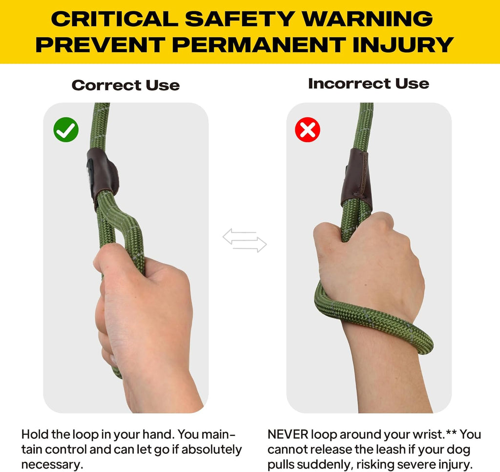 Durable Slip Lead, 6 FT x 1/2" Heavy Duty Loop Leash, Comfortable Strong Rope for Large, Medium Dogs, No Pull Pet Training with Highly Reflective, Green