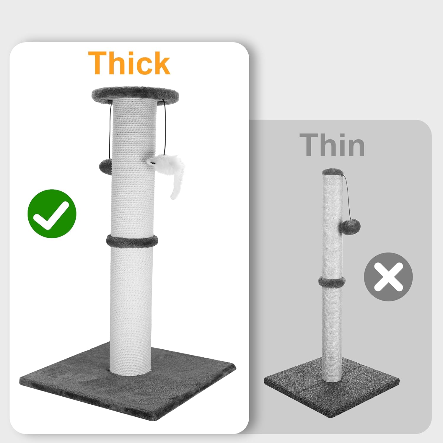 Cat Scratching Post 34 Inches Heavy Duty and Thicker Cat Scratching Post Cotton Rope with Hanging Ball and Mice Scratching Post for Indoor Cats and Adult(Grey)