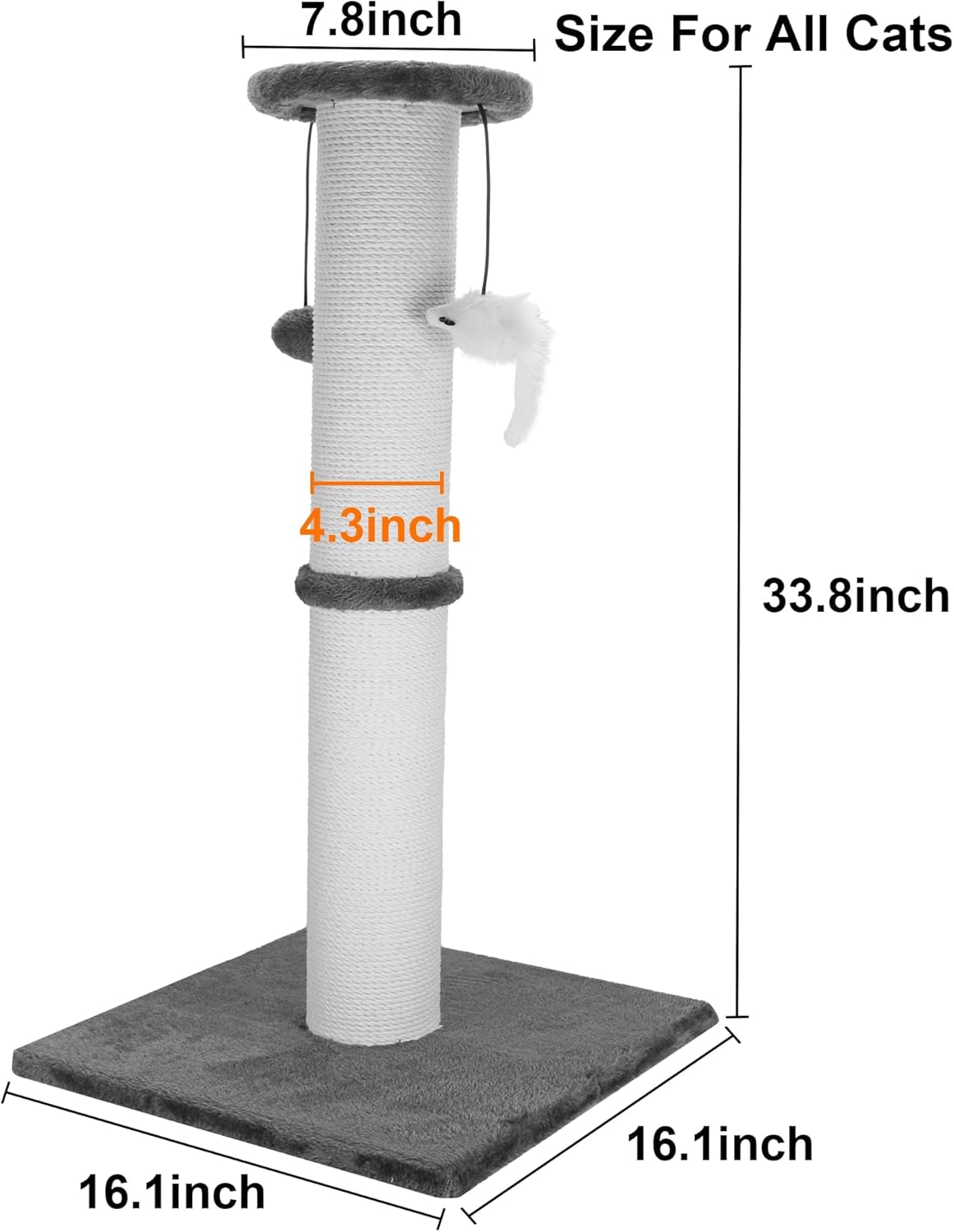 Cat Scratching Post 34 Inches Heavy Duty and Thicker Cat Scratching Post Cotton Rope with Hanging Ball and Mice Scratching Post for Indoor Cats and Adult(Grey)