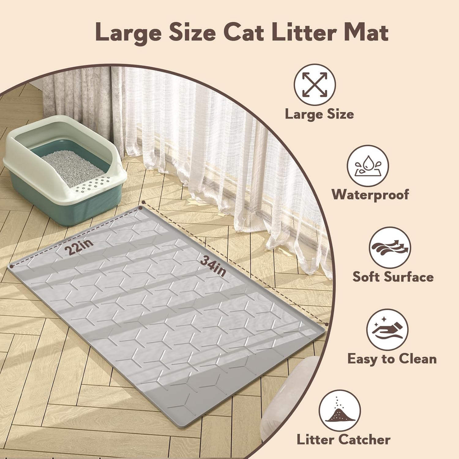 Cat Mat for Litter Box, Large 34" X 22" Cat Litter Mat, Waterproof Silicone Pad for Floor, Gray