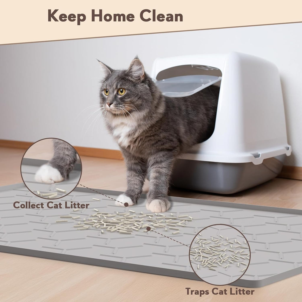 Cat Mat for Litter Box, Large 34" X 22" Cat Litter Mat, Waterproof Silicone Pad for Floor, Gray