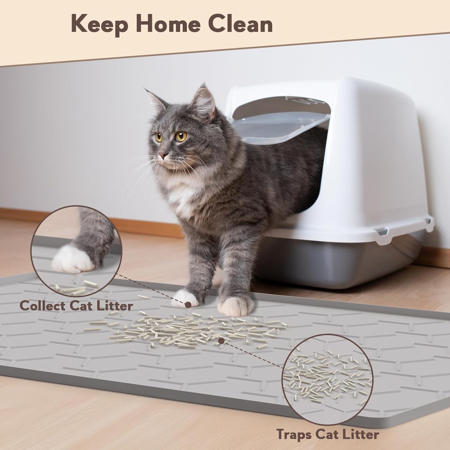 Cat Mat for Litter Box, Large 34" X 22" Cat Litter Mat, Waterproof Silicone Pad for Floor, Gray