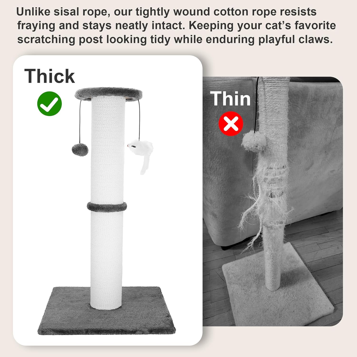 Cat Scratching Post 34 Inches Heavy Duty and Thicker Cat Scratching Post Cotton Rope with Hanging Ball and Mice Scratching Post for Indoor Cats and Adult(Grey)